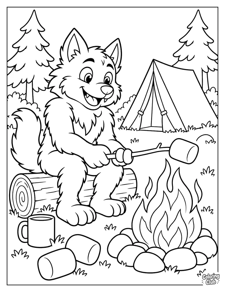 Werewolf Roasting Marshmallows at a Woodland Campsite