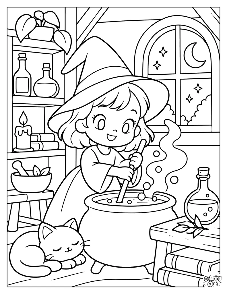 Witch Brewing a Potion Coloring Page