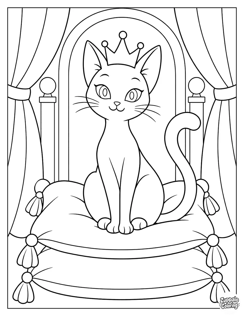 猫咪戴着王冠坐在枕头宝座上