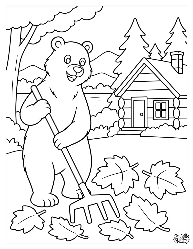 Bear Raking Leaves Beside a Cabin