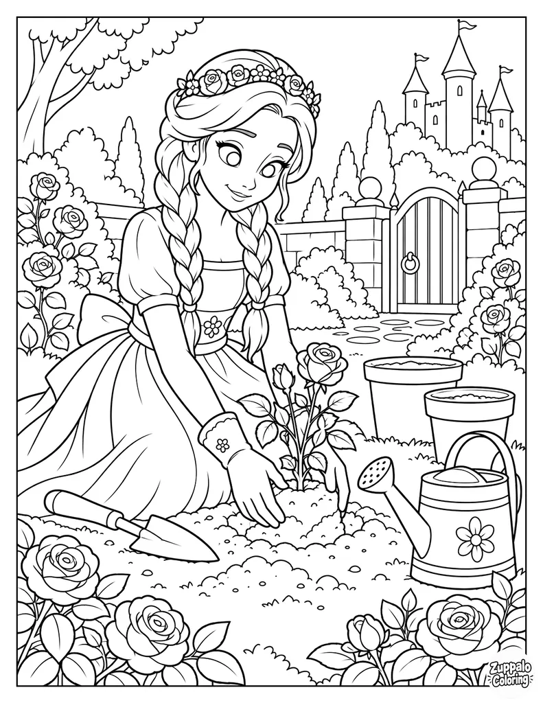 Princess Planting Roses in the Garden