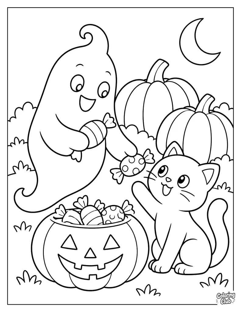 Ghost Sharing Candy With a Black Cat Coloring Page