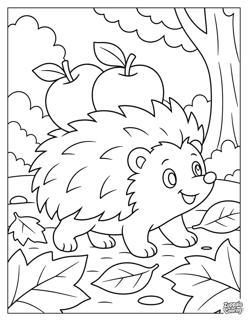 Hedgehog Carrying Apples Through Fall Leaves