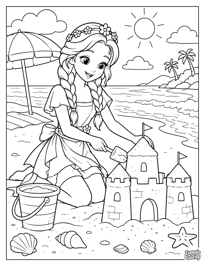 Princess Building a Sandcastle at the Beach