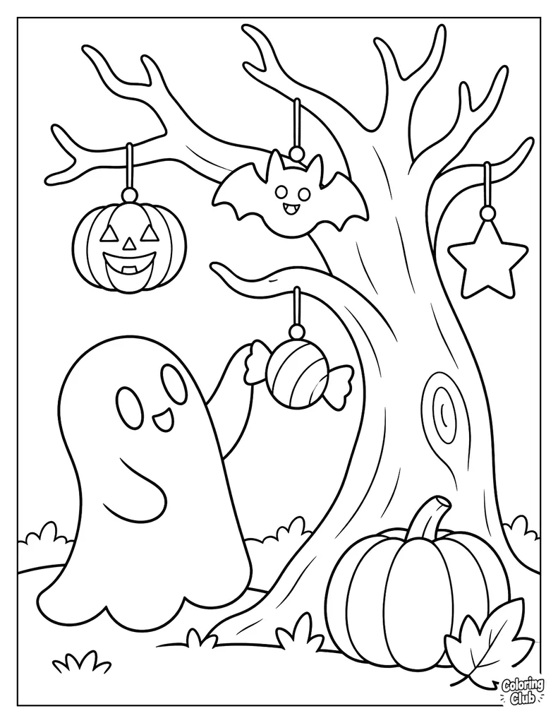 Ghost Decorating a Spooky Tree Coloring Page