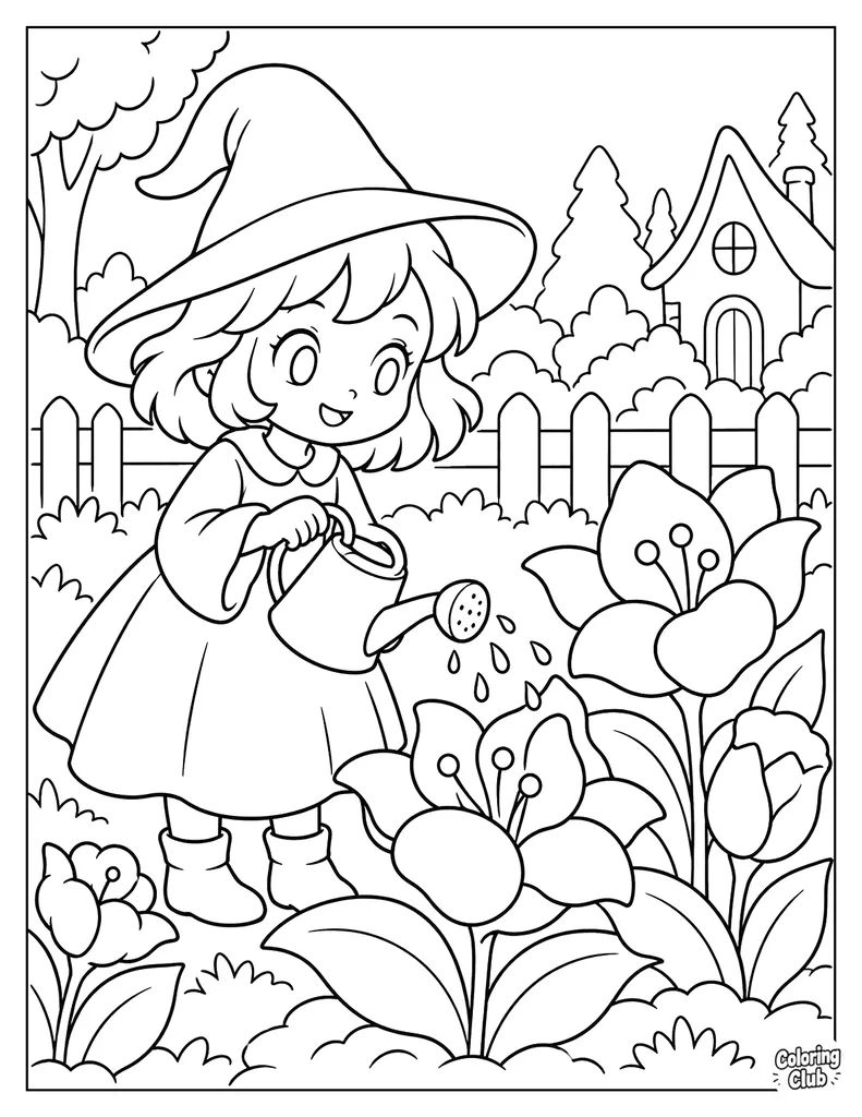 Witch Tends a Garden of Magical Flowers