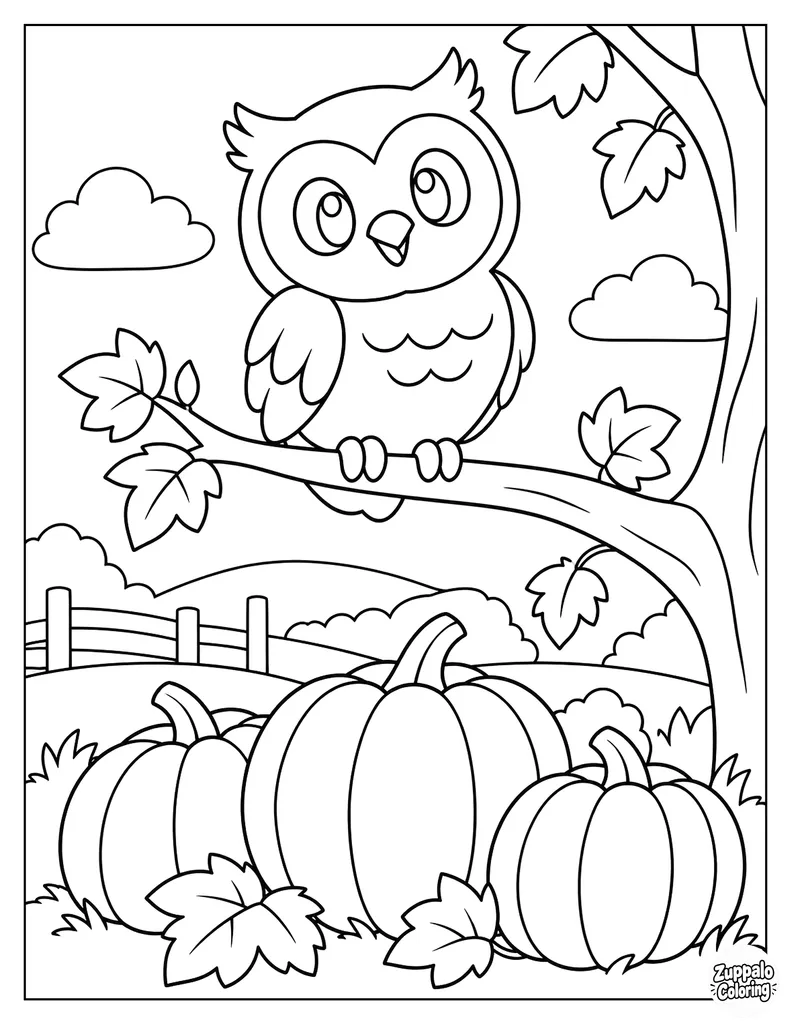 Owl Perching Above a Pumpkin Patch
