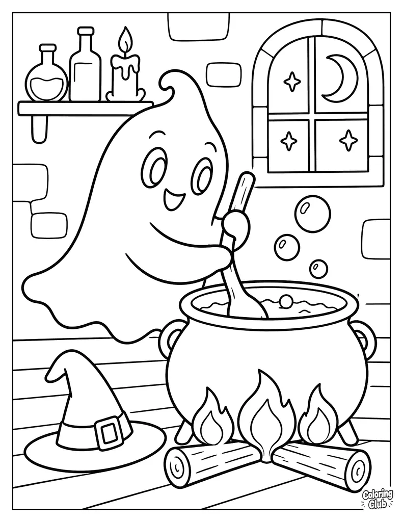 Ghost Stirring a Bubbling Witch Cauldron Coloring Page