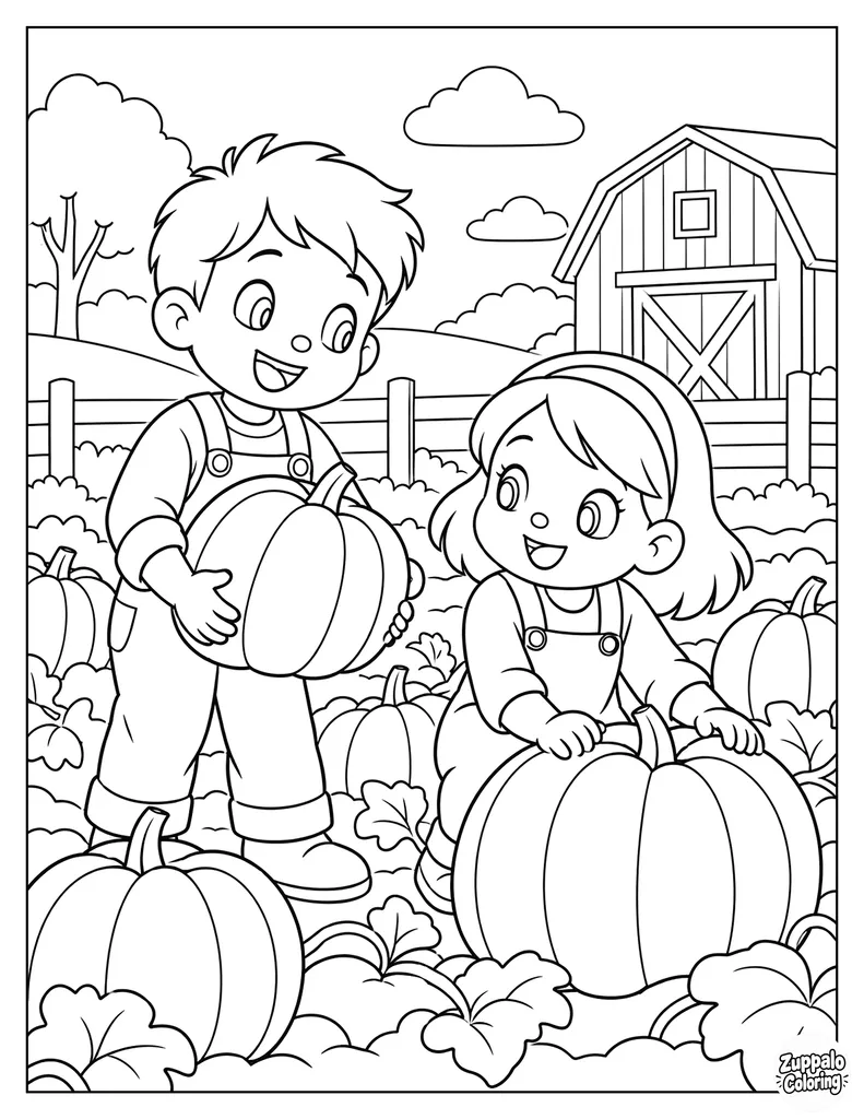 Children Picking Pumpkins at the Farm