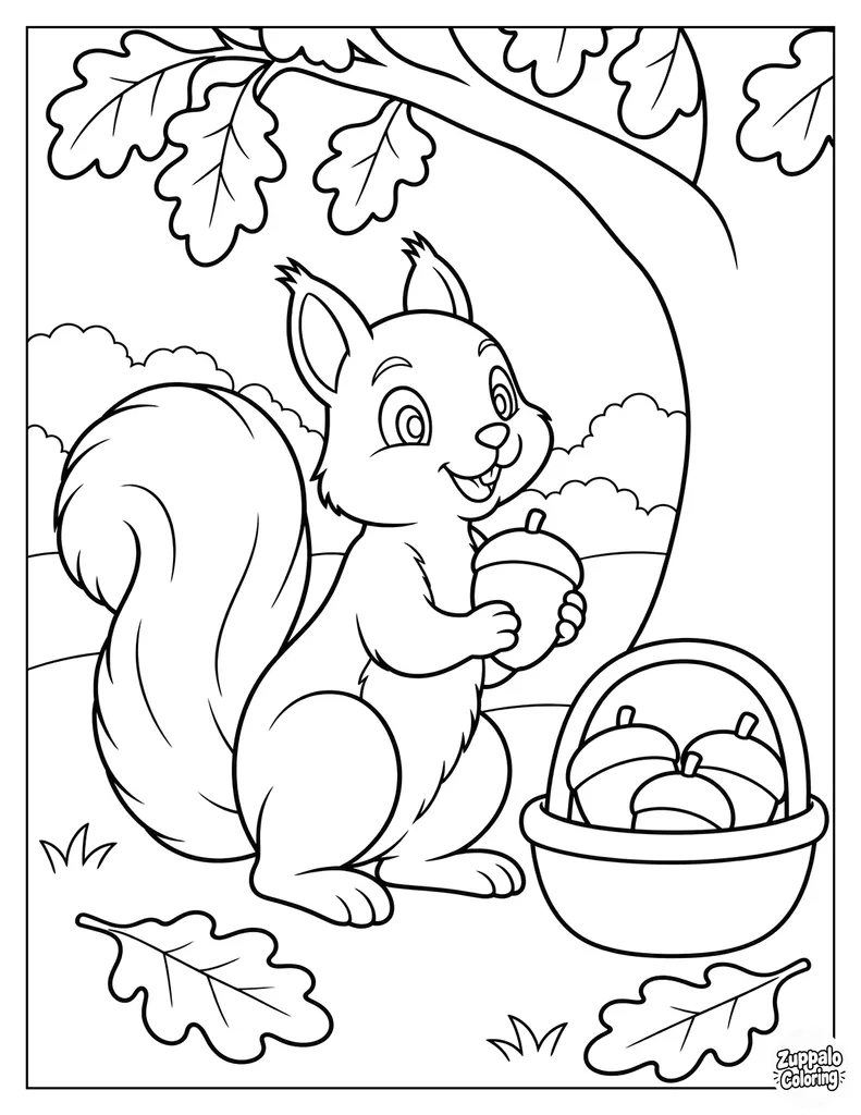 Squirrel Gathering Acorns Under an Oak