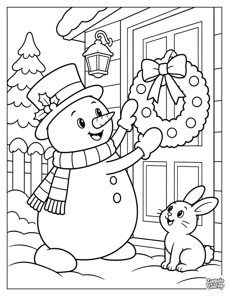 A Snowman Hangs a Christmas Wreath