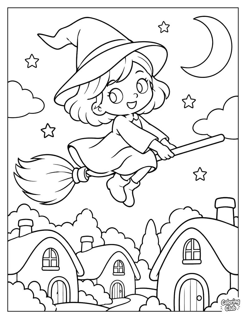 Witch Flies a Broom Above the Rooftops