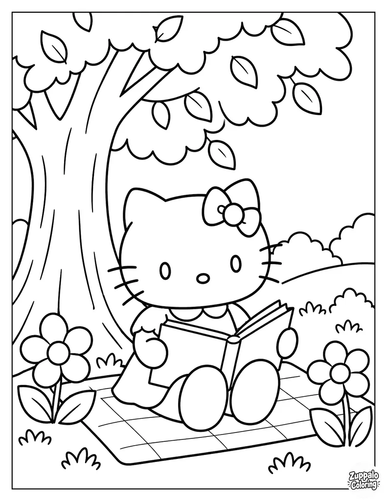 凯蒂猫在树下读书
