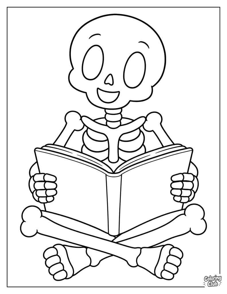 Skeleton Reading in a Cozy Library