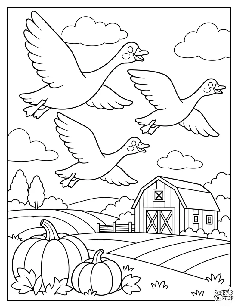 Geese Flying Over a Fall Harvest Farm