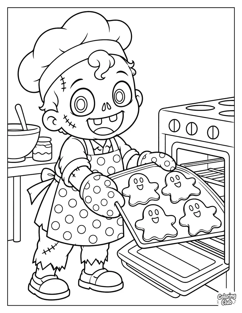 Zombie Baker Pulling Ghost Shaped Cookies from an Oven