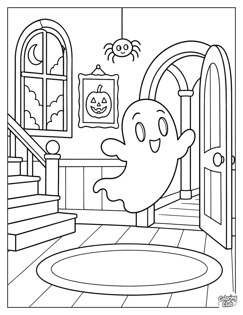 Ghost Floating Through a Haunted House Coloring Page