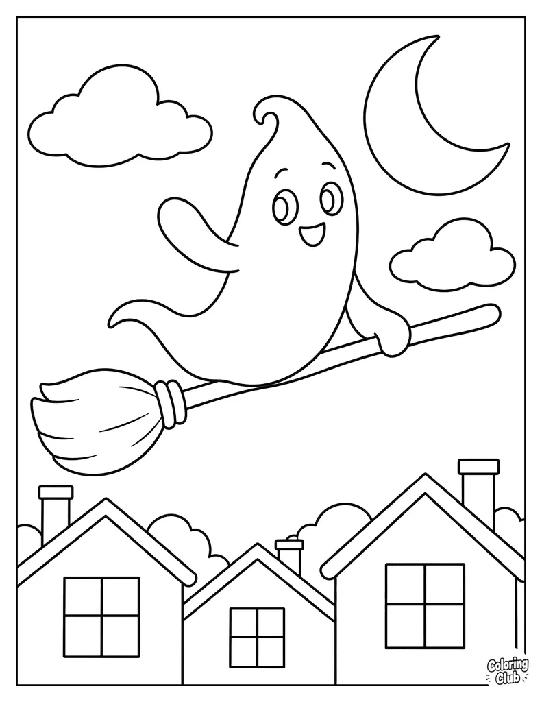 Ghost Riding a Broom Over Rooftops Coloring Page