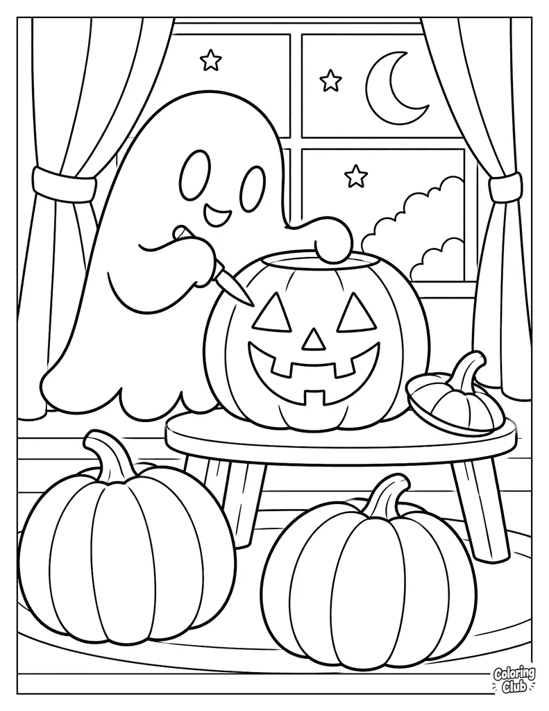 Ghost Carving a Pumpkin Coloring Page