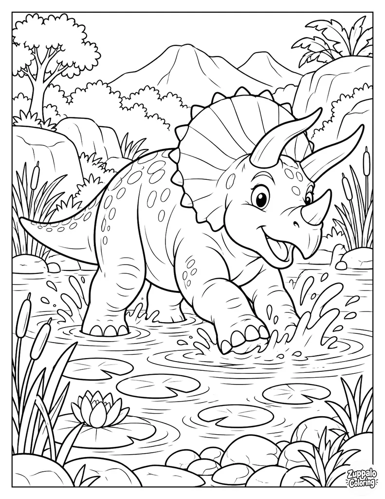 Triceratops Splashes in a Pond