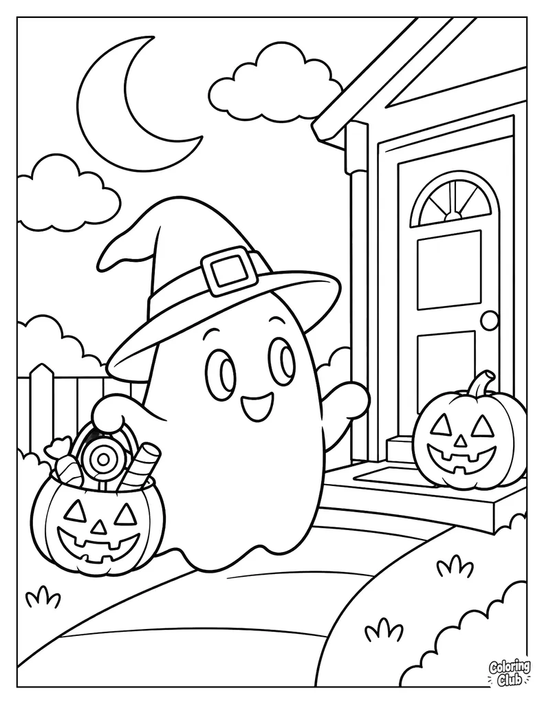 Trick-or-Treating Ghost Coloring Page