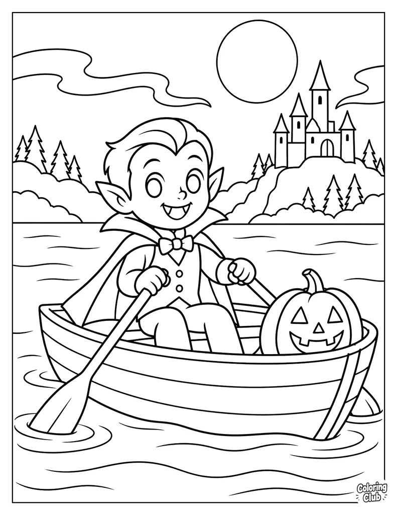 Vampire Rowing a Boat Across a Misty Lake