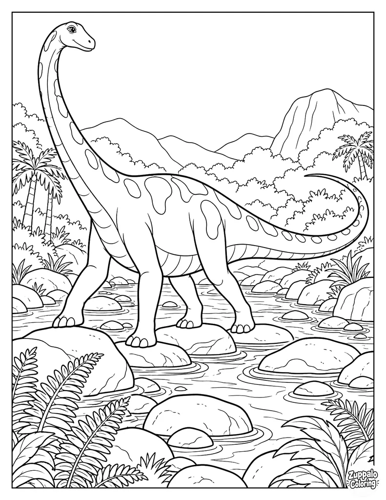 Diplodocus Crosses a Rocky Stream