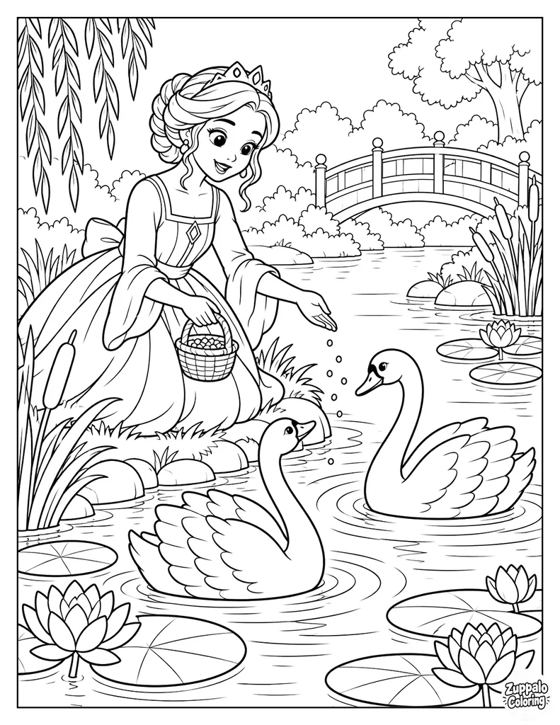 Princess Feeding Swans by the Pond